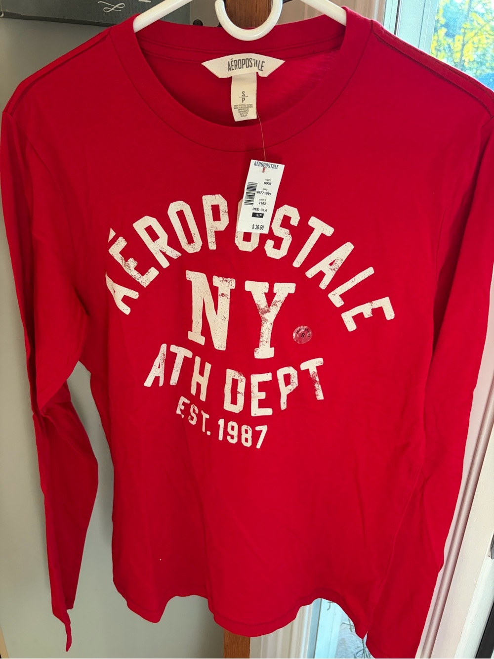 Aeropostale Women’s Red Long Sleeve Graphic Tee Shirt NY Ath Dept Size Small NWT